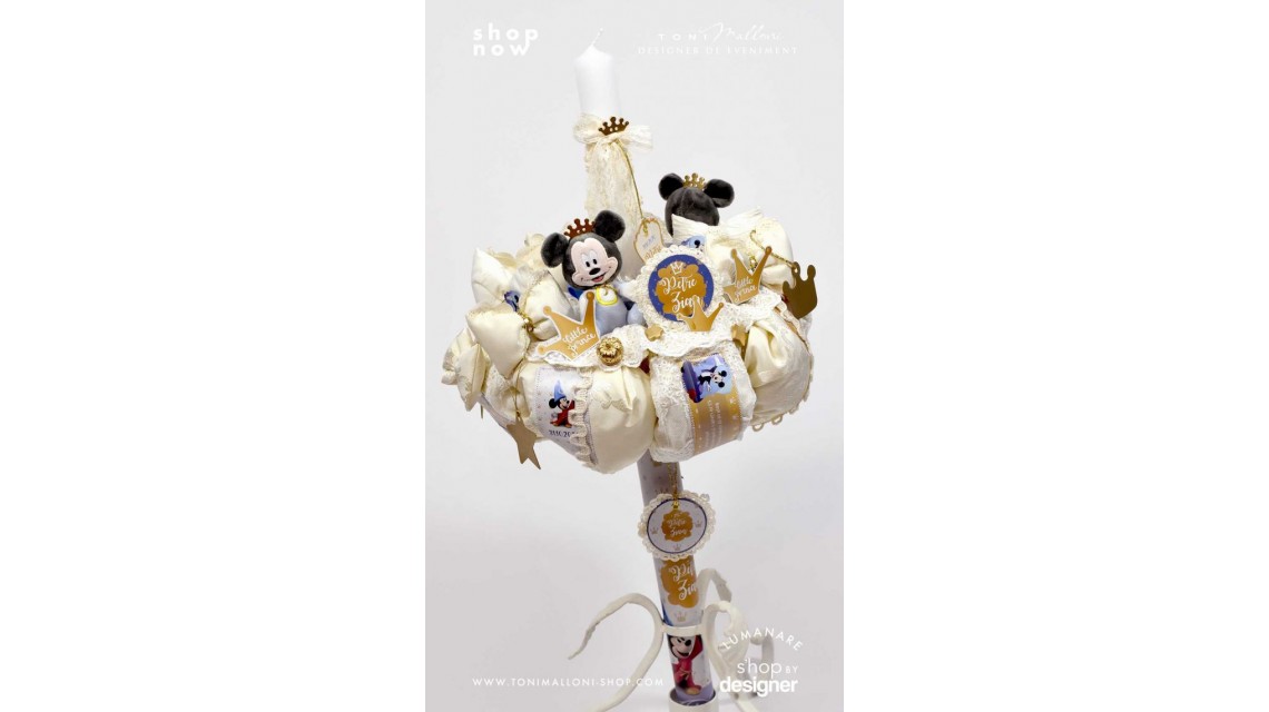 Lumanare botez Mickey Mouse personalizata grafic si inspirata din lumea Disney cu note roiale The King 4